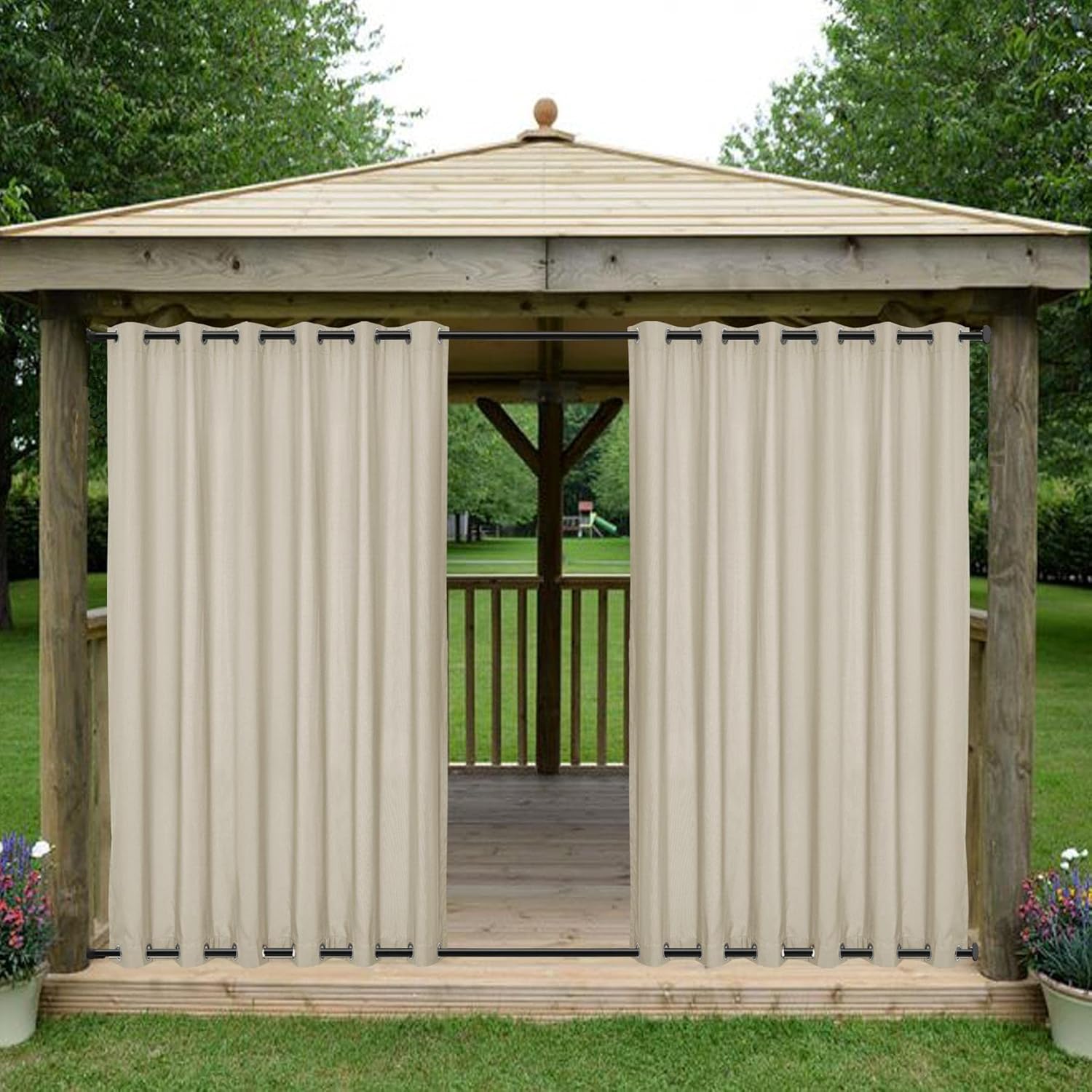 Outdoor Curtains - Frelement Windproof Drapes for Porch Grommet Top and Bottom Curtains with Rustproof Grommets Sunlight Block Cuntains Waterproof Outdoor Privacy Curtains, 100