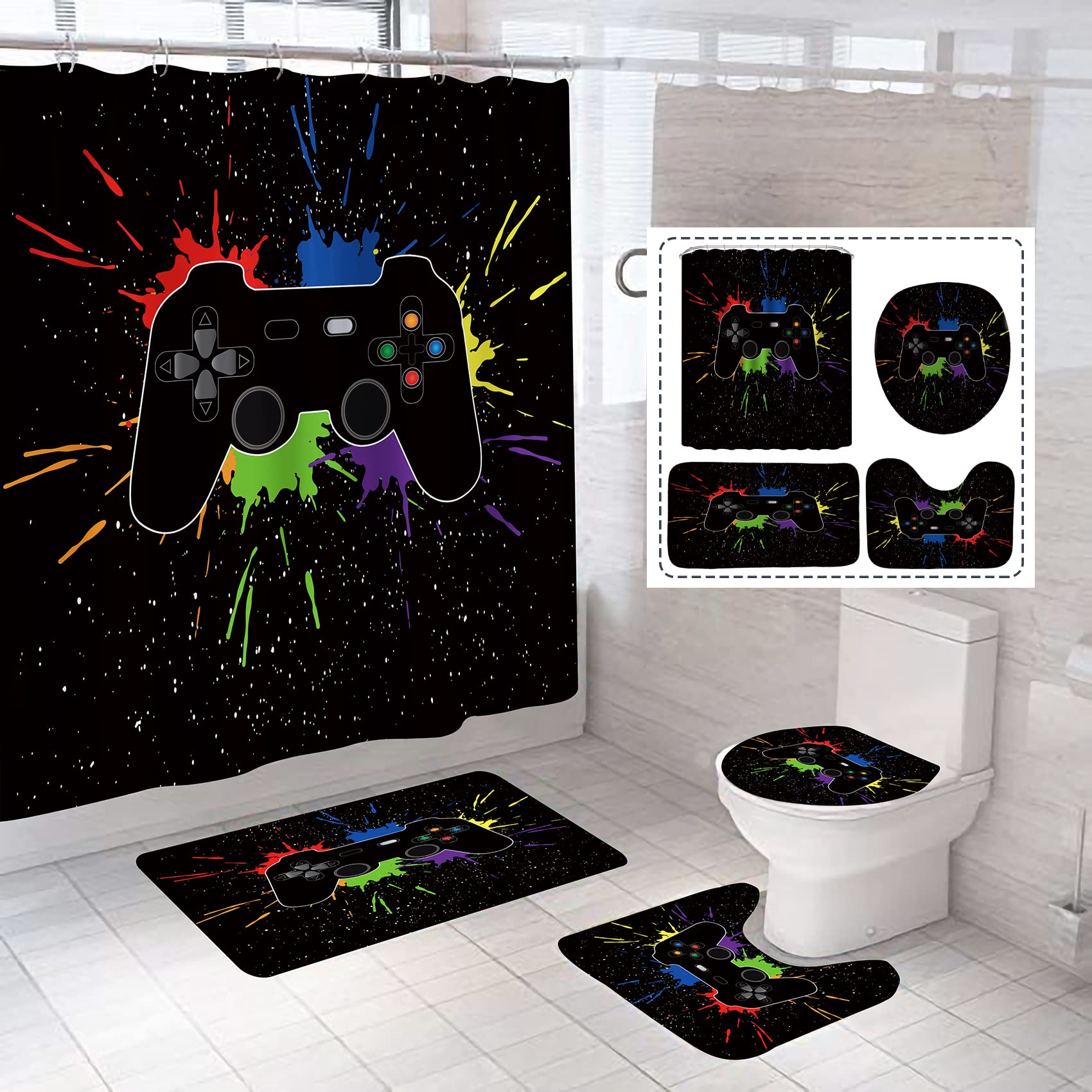 View 1 of NORBEY 4 Pcs Game Shower Curtain Set, Classic Videogames Controller Bath Curtain with Anti-Slip Mat Toilet Cover Carpet Set and 12 Hooks, Black Splash Ink Colorful Bathroom Decor Set 72 x 72 Inch