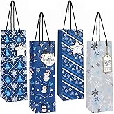 Liobelon 12 Pieces Christmas Wine Bags with Tags, Blue Snowman Christmas Tree Snowflake Wine Bag Paper Champagne Gift Bags for Xmas Holiday Home Party Favor Decoration
