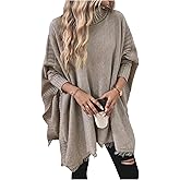 Verdusa Women's High Neck Poncho Sweater Long Sleeve Raw Hem Casual Loose Knitted Pullovers