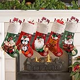 Christmas Stockings Set of 5, Large 18’’ Xmas Stockings Fireplace Hanging Stockings with Plush Cuff, Santa Snowman Reindeer Elf for Holiday Decor,Christmas Tree Decoration (5pcs)