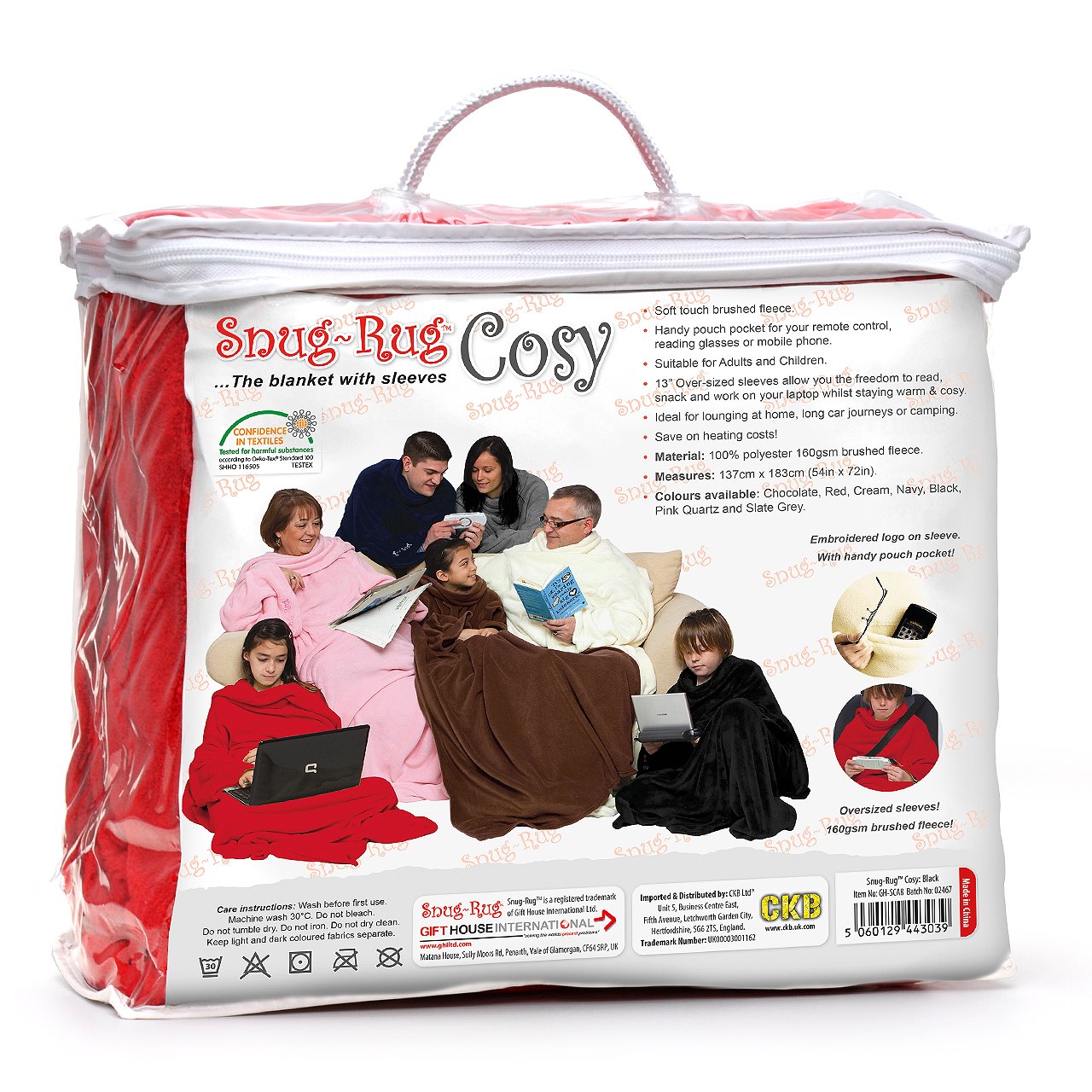 Snug Rug Cosy, Fleece Blanket With Sleeves and a Handy Pouch Pocket - RED