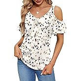 Micoson Cold Shoulder Tops for Women Summer Short Sleeve Shirts Ladies Floral Ruched Blouse Classic Cute V Neck Tunic