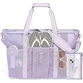 PIG PIG GIRL Mesh Beach Bag, Foldable Extra Large Beach Bags with Zipper Pool Bag with Portable Phone Pouch for Vacation Pool