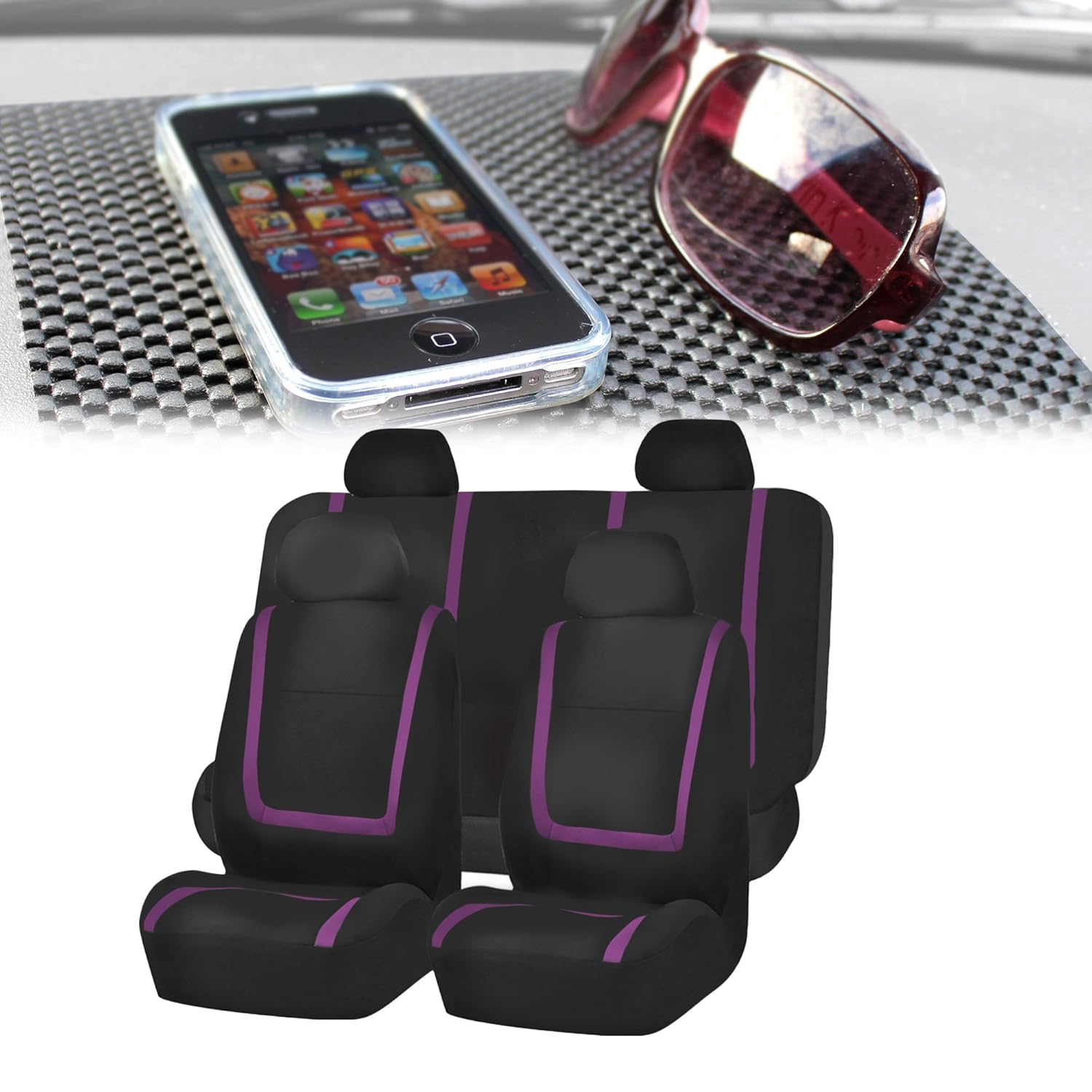 FH-FB032114 Unique Flat Cloth Full Set Car Seat Covers, Purple / Black with FH1002 Non-slip Black Dash Grip Pad Mat- Fit Most Car, Truck, Suv, or Van