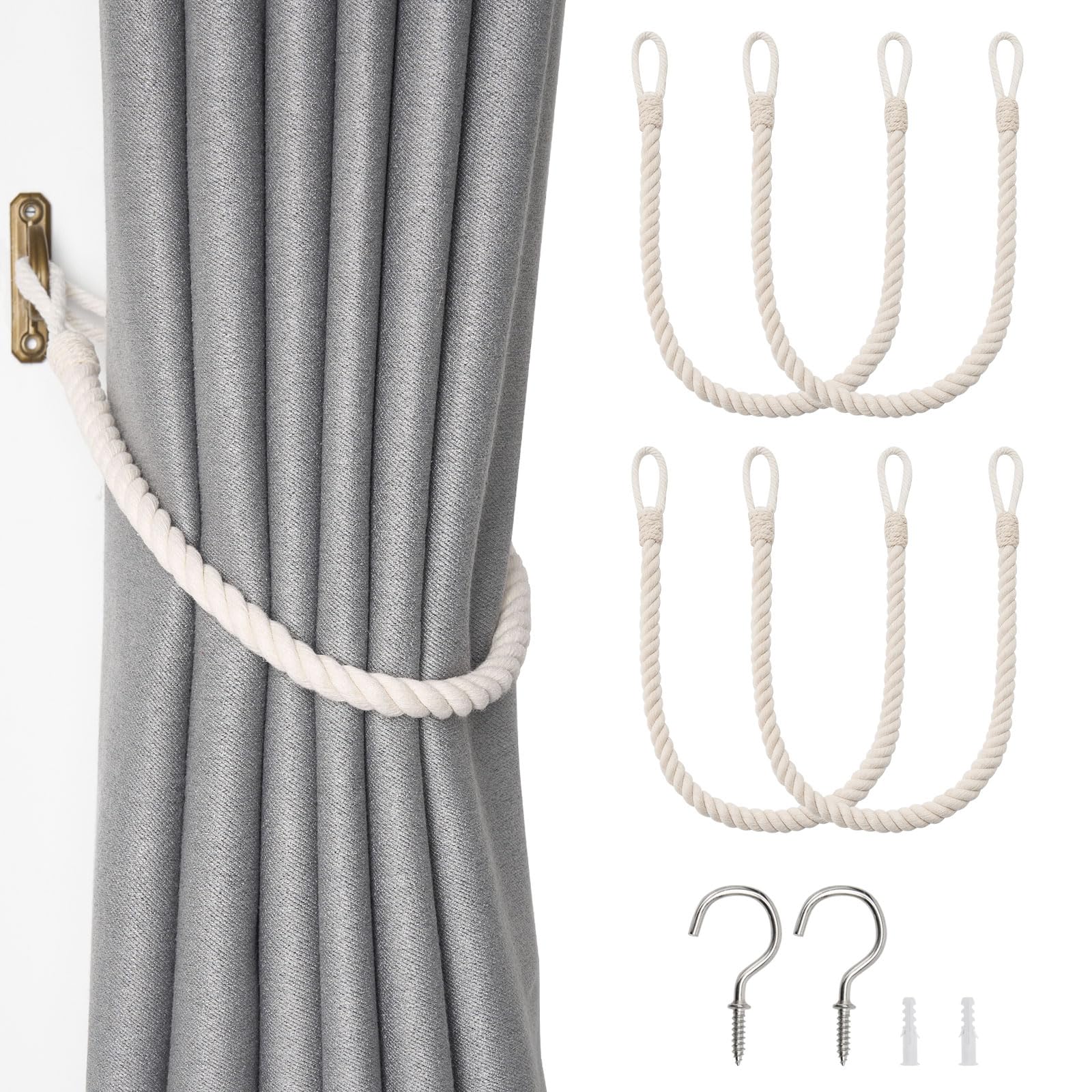 Pretty Jolly 4 Pack Natural Cotton Rope Curtain Tiebacks Boho Rustic Style Decorative Drape Tie Backs Elegant Hand-Woven Rope Curtain Holdbacks with Metal Hook for Home & Office Drapery (Cotton-Beige)
