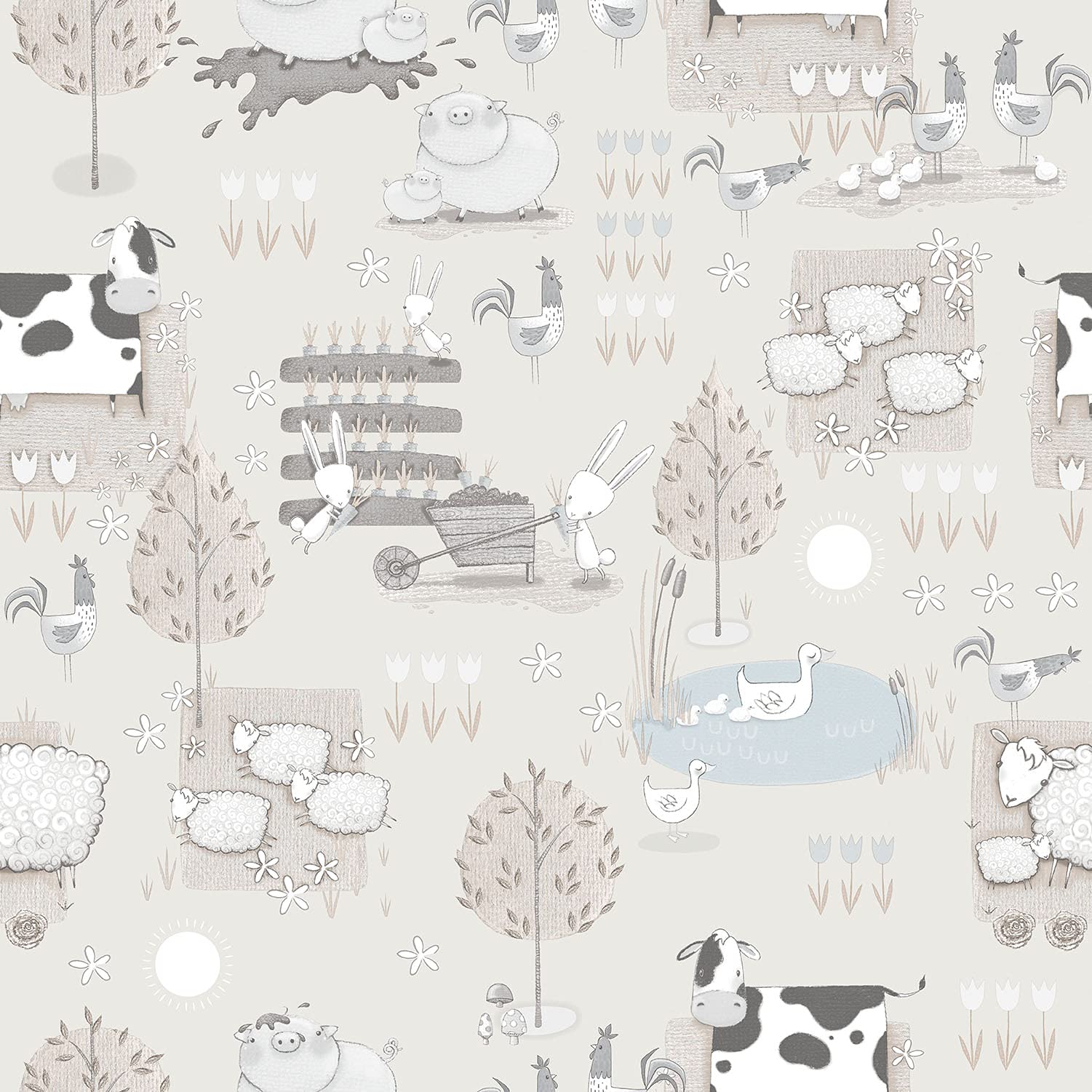 Galerie G78375 Tiny Tots 2 Farmland Wallpaper, Greige/Blue, 10m x 53cm