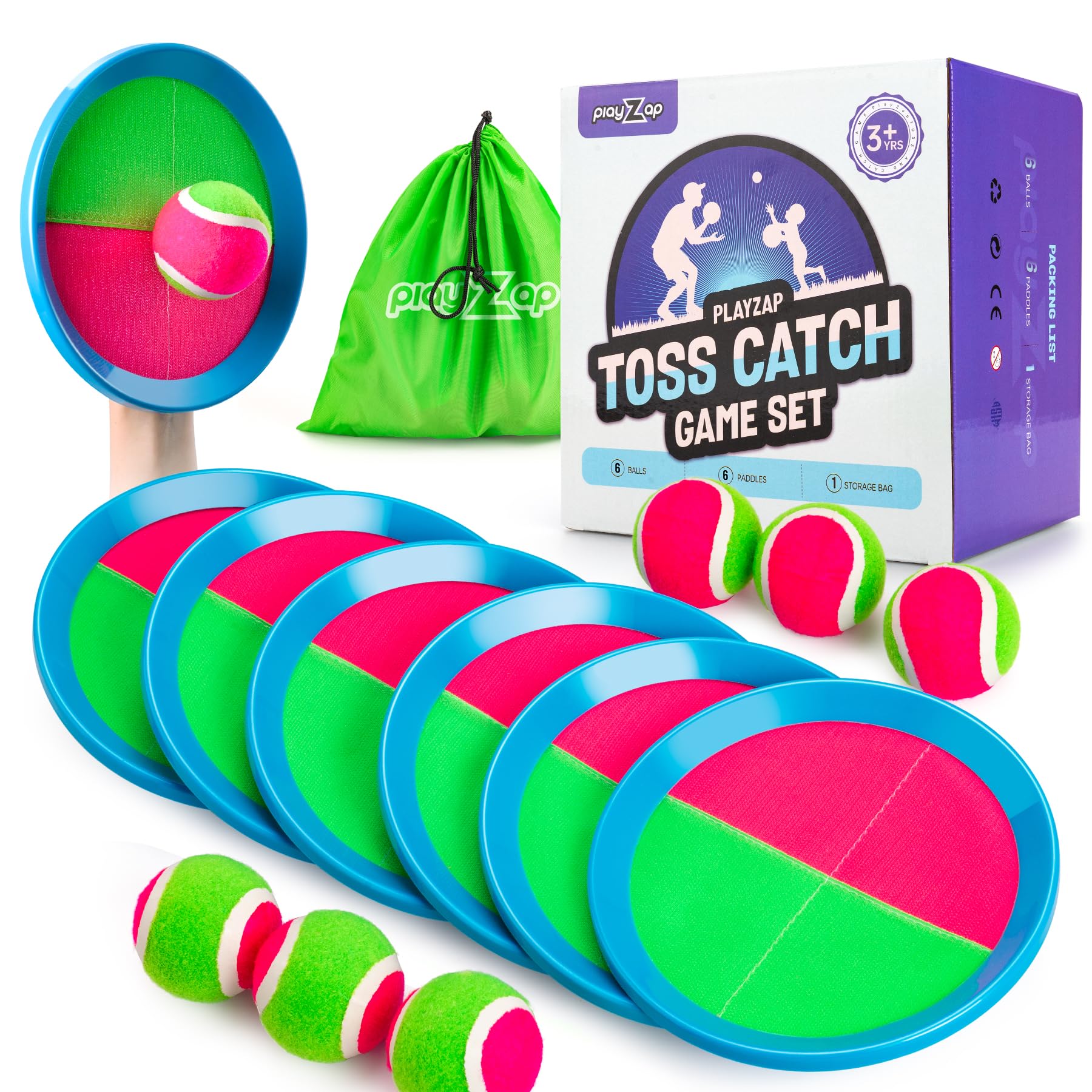 PlayZap Toss and Catch Ball Set - Outdoor Toys for Kids Games - Outside Yard Pool Beach Toys for 3 4 5 6 7 8+ Years Old Boys Girls - Birthday Gift Easter Basket Stuffers
