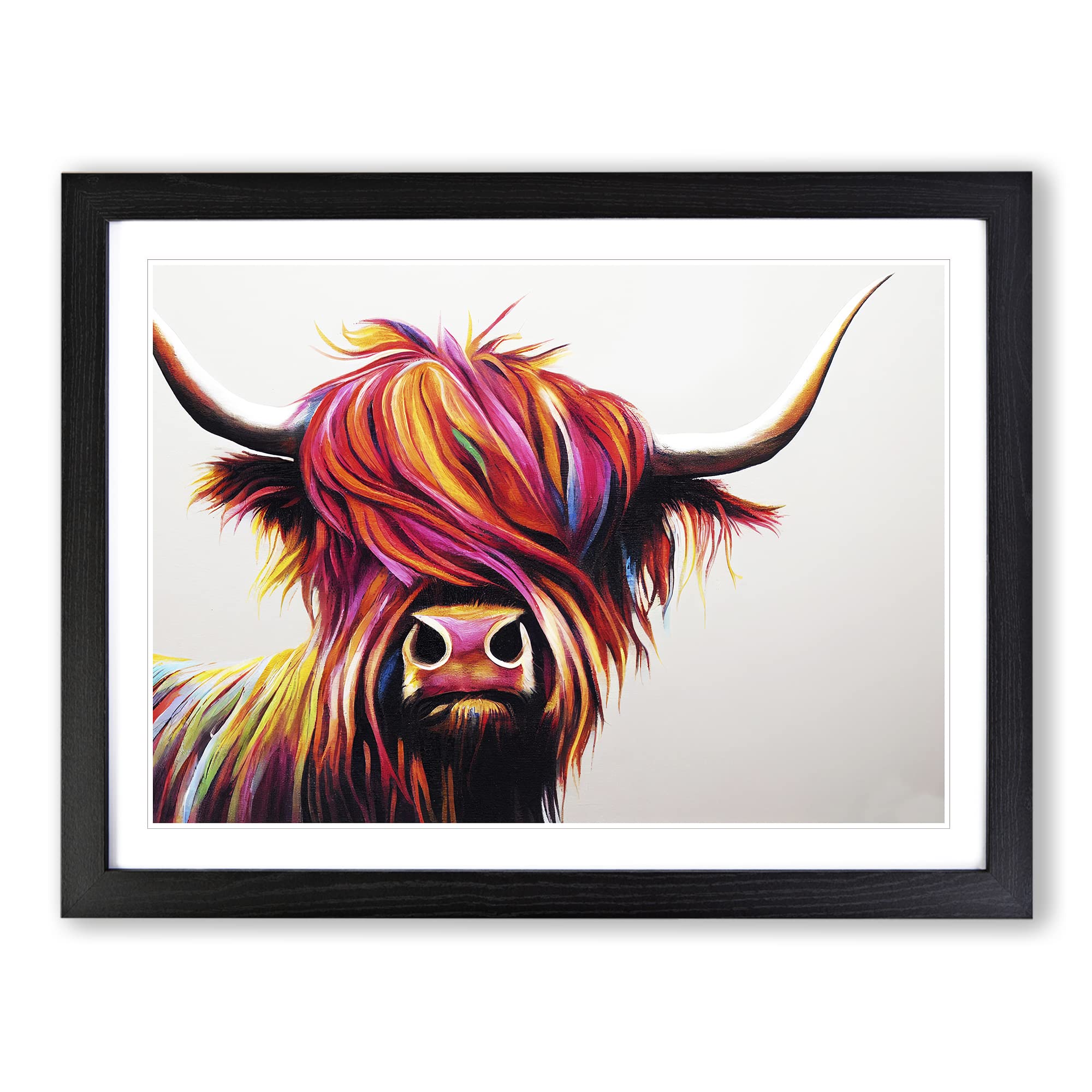Vibrant Highland Cow Abstract WHT Framed Print | A3 Black Framed Wall Art | Ready to Hang | Abstract Animal Picture | Living Room Bedroom Lounge Office