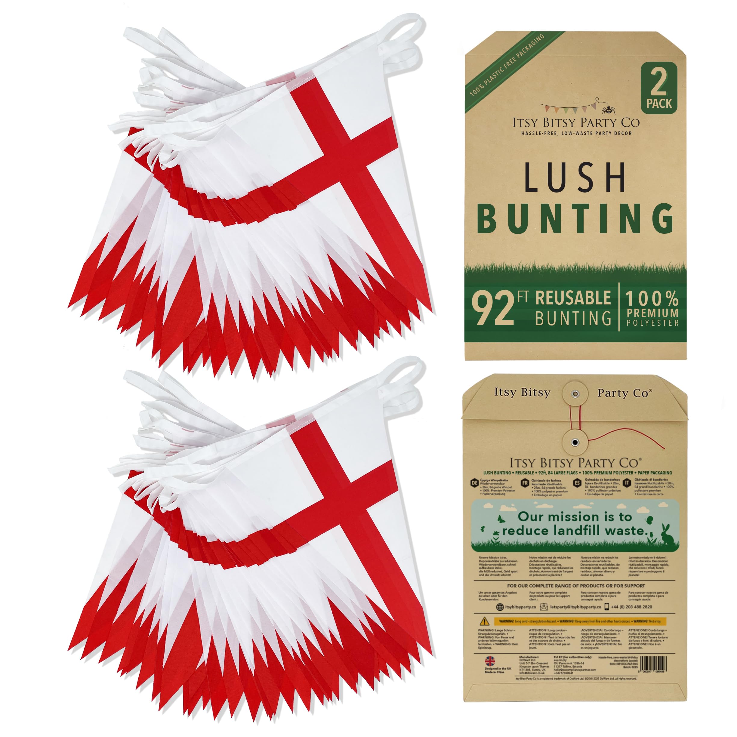 Premium Reusable England Bunting - 84 World Cup Football 2026 Decorations - As seen on TV, Premium Polyester - St Georges Day Decorations, World Cup Flags Bunting 2026 (2-pack: 92ft, 84 England Flags)