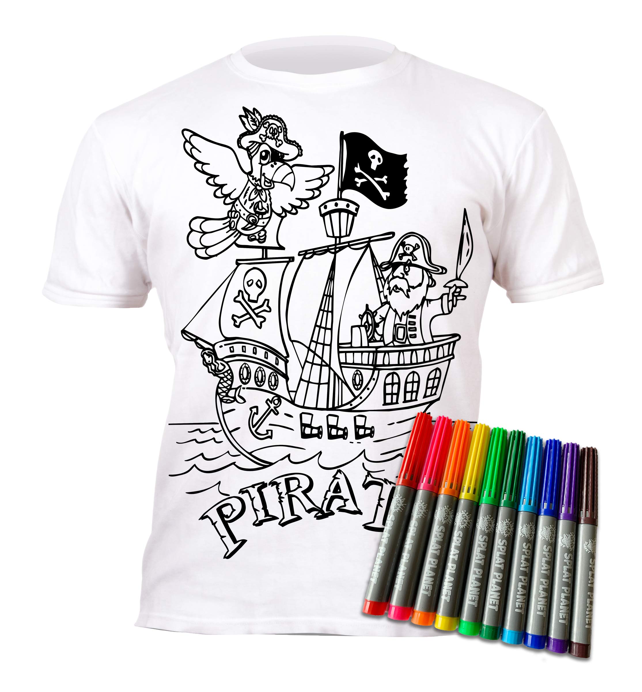 Splat Planet Colour-in Pirate Ship, Jolly Roger T-Shirt with 10 Non-Toxic Washable Magic Colouring Pens - Colour-in and Wash Out T-Shirt