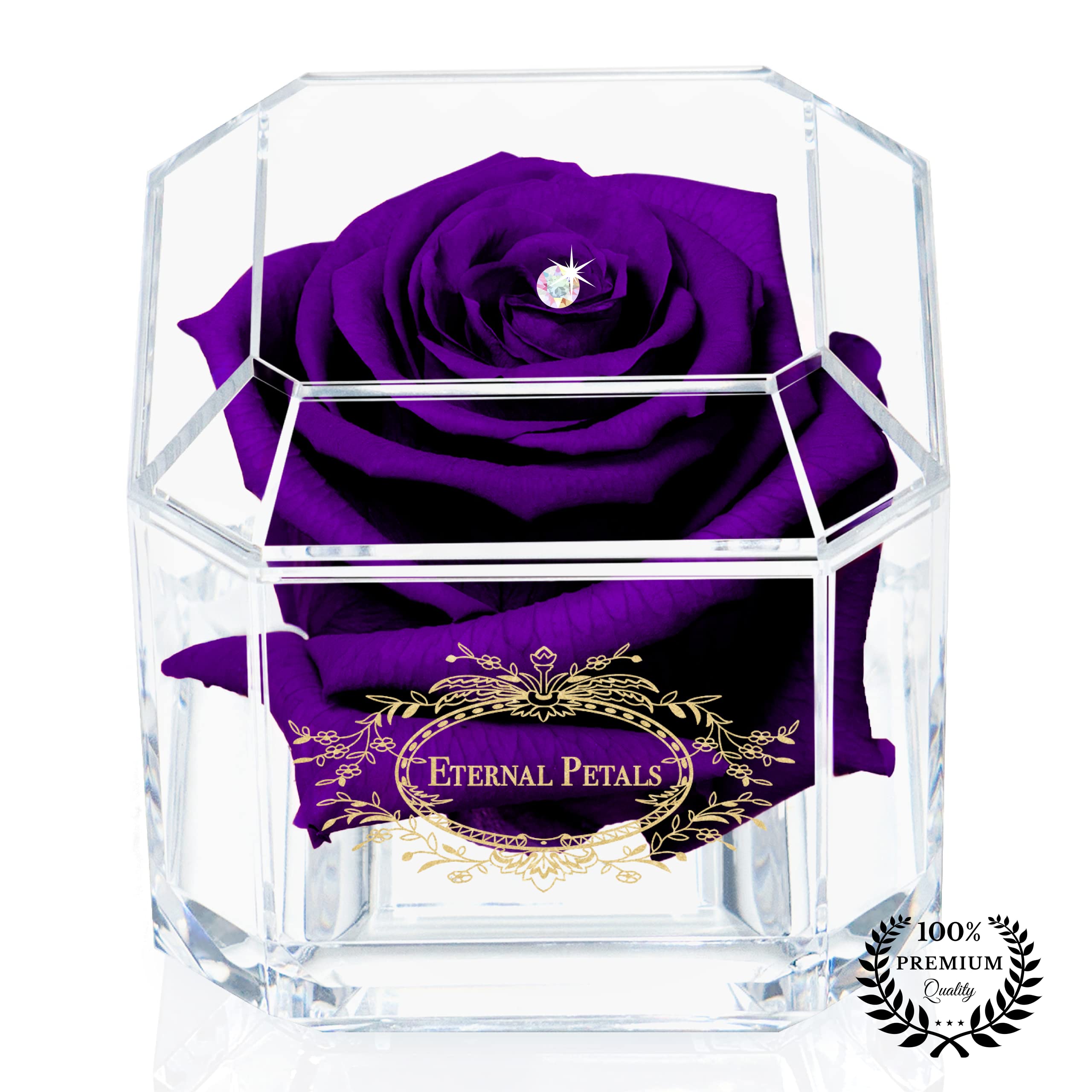 A 100% Real Rose That Lasts Years - Eternal Petals, Handmade in UK – Gold Solo with A Multicolour Crystal (Purple)