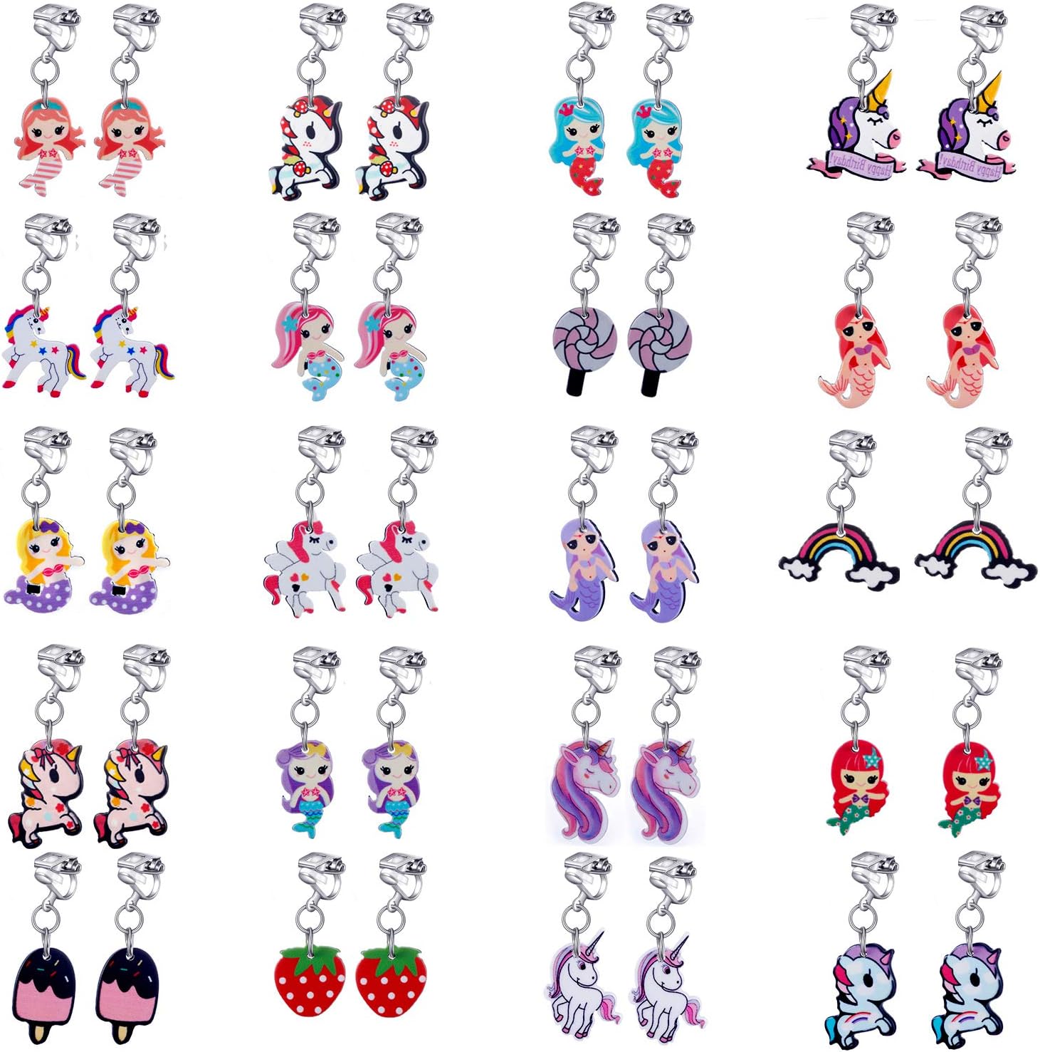20 Pairs Clip on Earrings Princess Play Jewelry Earrings Set Mermaid Clipons Unicorn Clipon Earring Lollipop Ice Cream Dangle earring Rainbow Eardrop for little girls Toys (20 pairs)