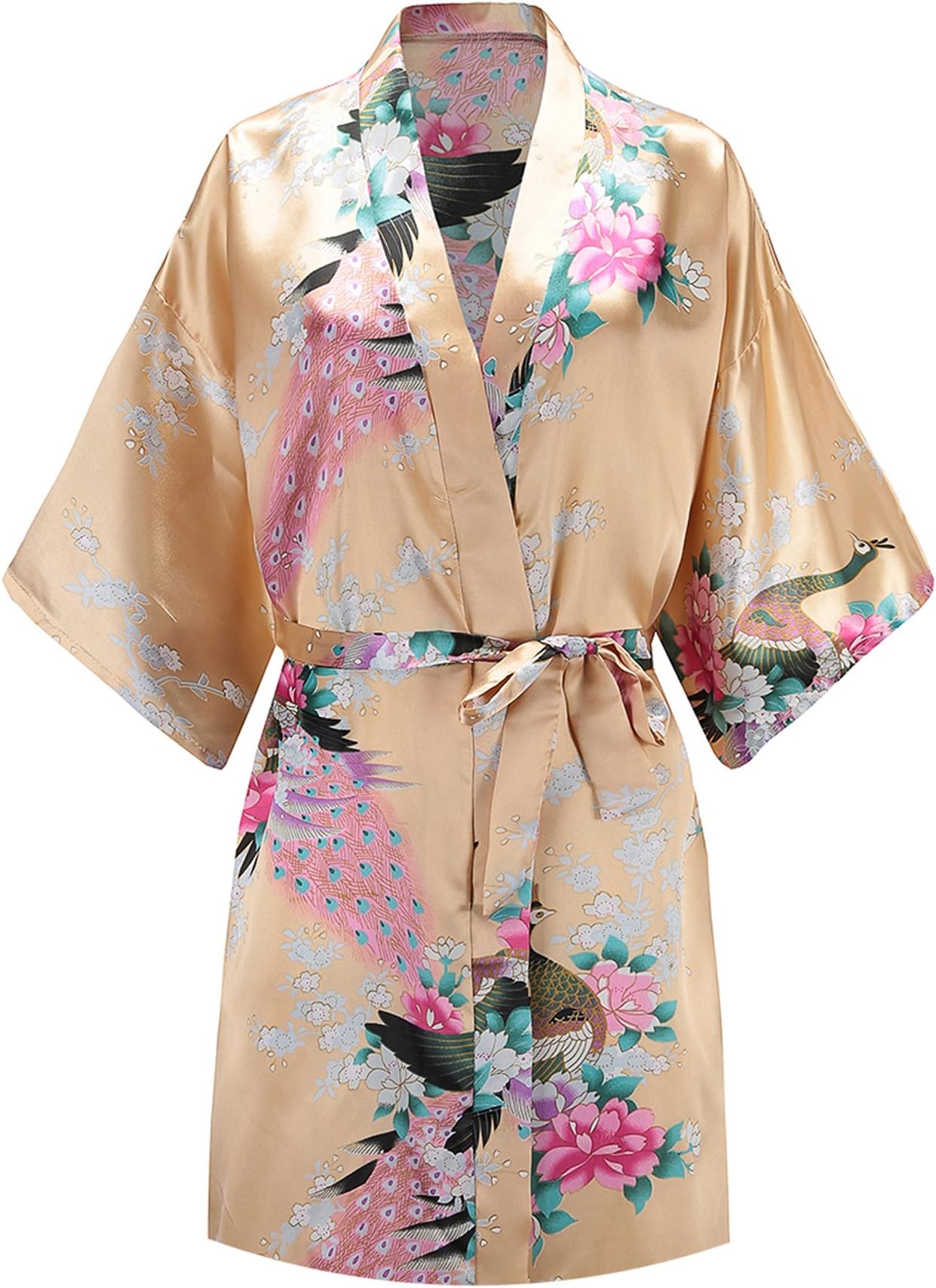 EPLAZA Women Peacock Satin Short Bridal Kimono Robe Bridesmaid Sleepwear Wedding Dressing Gown