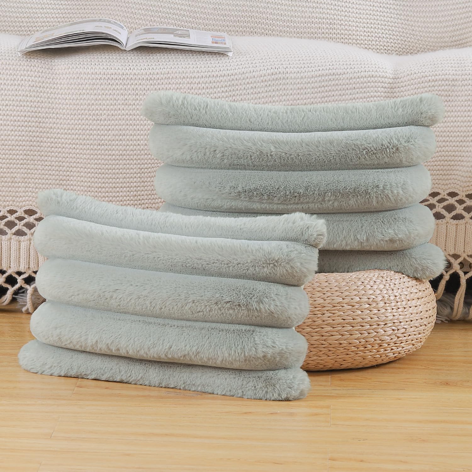 Madizz Plush Faux Fur Throw Pillow Covers 12x20 inch, 30x50 cm Grey Set of 2 Fluffy Striped Soft Decorative Cushion Cover for Sofa Bedroom Pillow Shell — image 1
