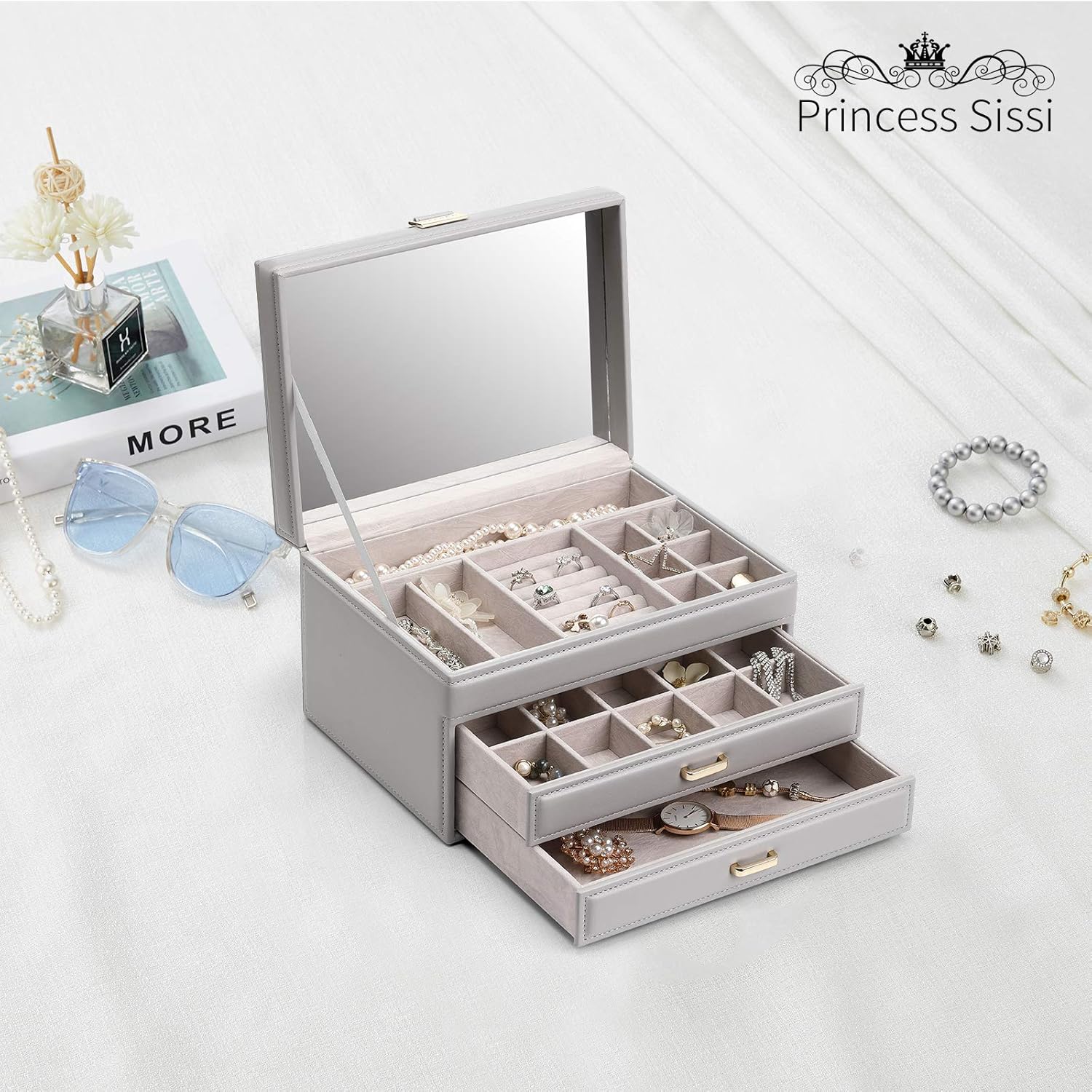 Vlando Jewelry Organizer Box Large-Capacity Jewelry Storage Box, Mirror Jewelry Storage Box, Girl/Woman Earrings, Necklace, Bracelet (Grey, Mirror Lid): Home Improvement