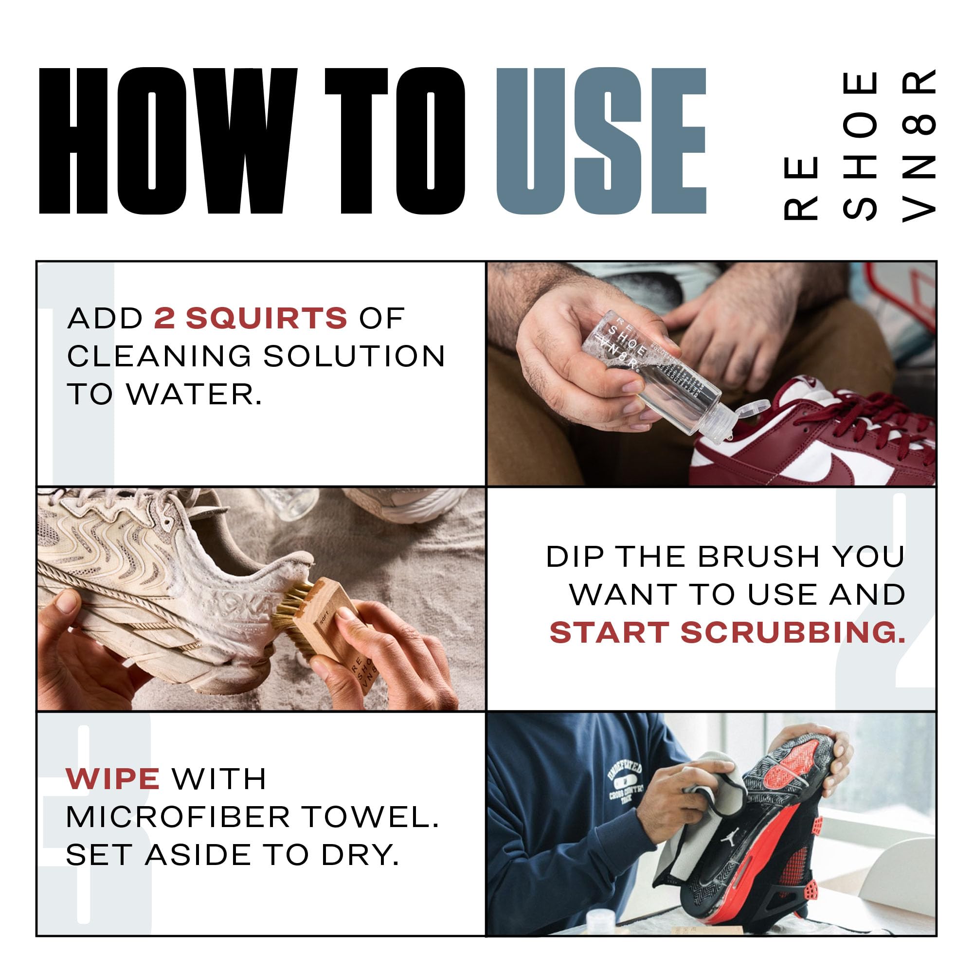 RESHOEVN8R Essential Shoe Cleaning Kit – Sneaker Cleaner with 4oz Solution, 3 Brushes & Microfiber Towel – Safe for Suede, Leather, Canvas, Mesh & Nubuck – Up to 50 Cleans