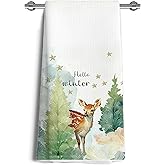 vveeyyee Winter Deer Kitchen Towels, Soft & Absorbent Hand Towel with Winter Fawn Design, Perfect for Baking, Cooking, and Holiday Decor (16x24 Inches)