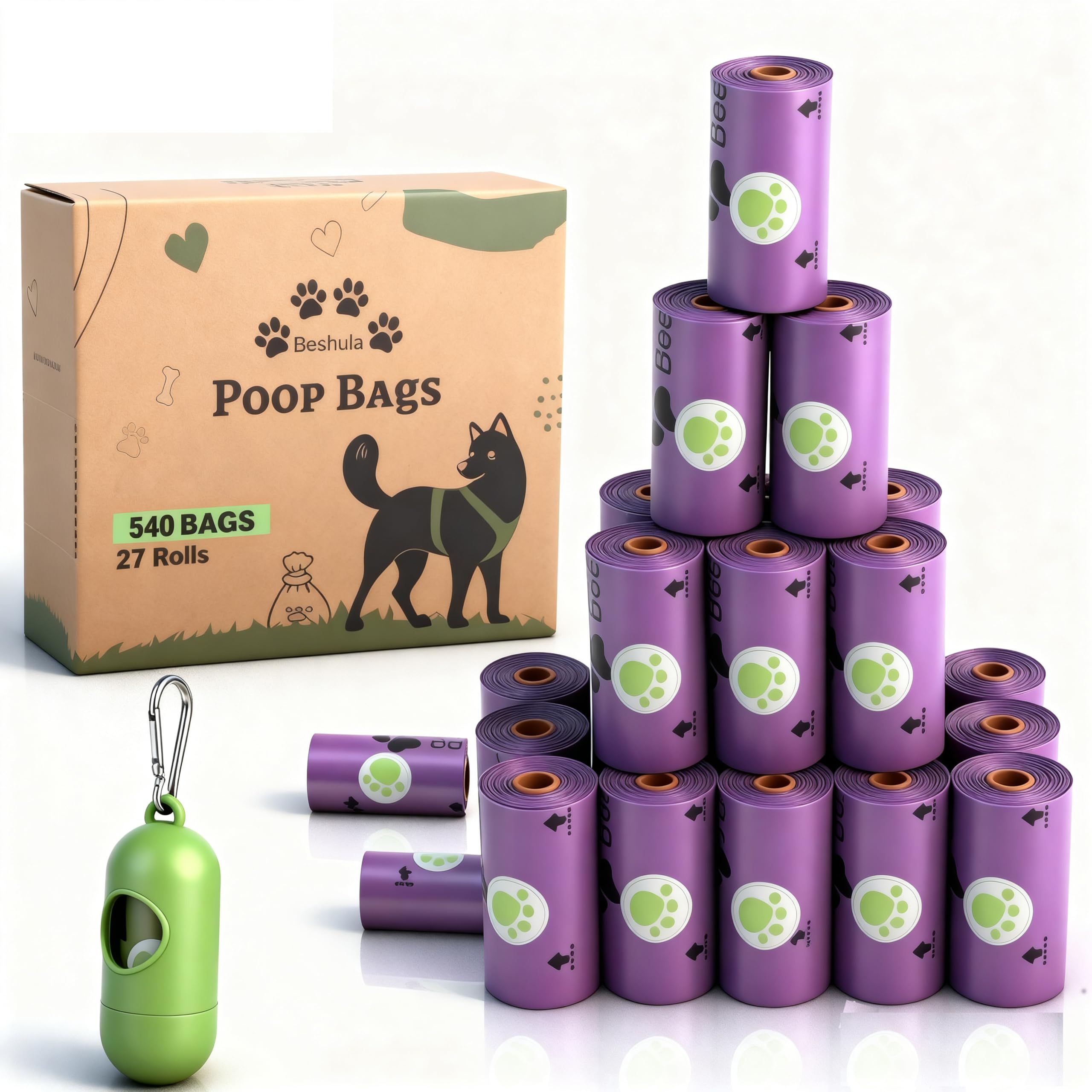 Dog Poo Bags Rolls Purple: Leak Proof Poo Bag with Dispenser for Dogs - 27 Rolls 540 Count Dog Poop Bags Scented