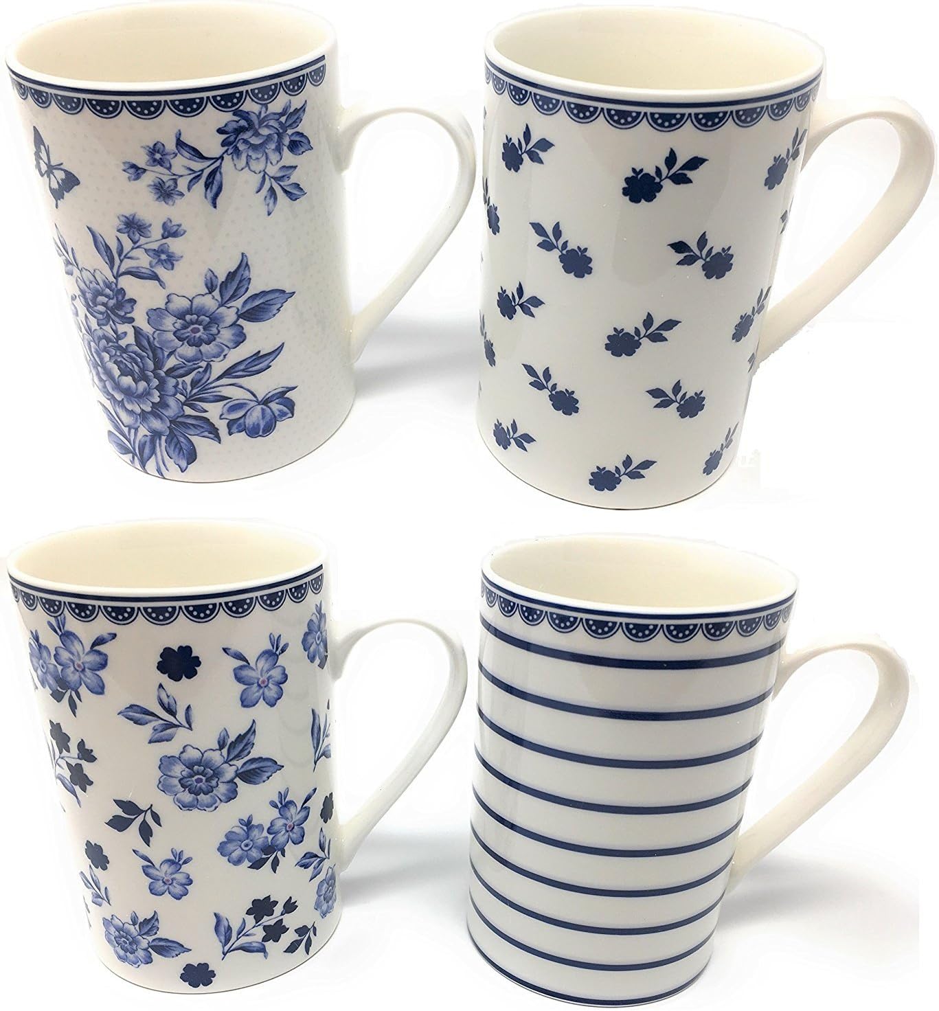 Set of 4, High Quality Fine China Mugs, Blue and White Floral Design