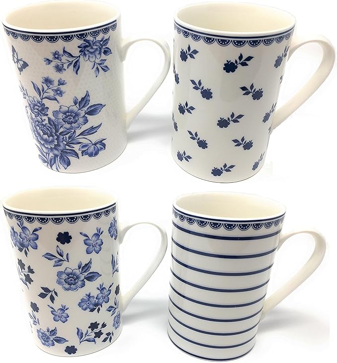 Set of 4, High Quality Fine China Mugs, Blue and White Floral Design