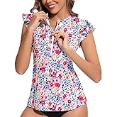 WOWENY Women’s Swim Shirts Rash Guard UPF 50 Sun Protection Zipper Tankini Tops Ruffle Sleeve Bathing Suit No Bottom