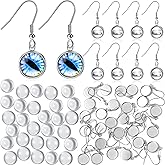 Hicarer 50 Pcs Cabochon Earrings Blanks Bezel Wire Hooks with 50 Pcs 12 mm Glass Cabochons Trays, Silver Stainless Steel Jewelry Making Supplies Sublimation Earrings Making Accessories
