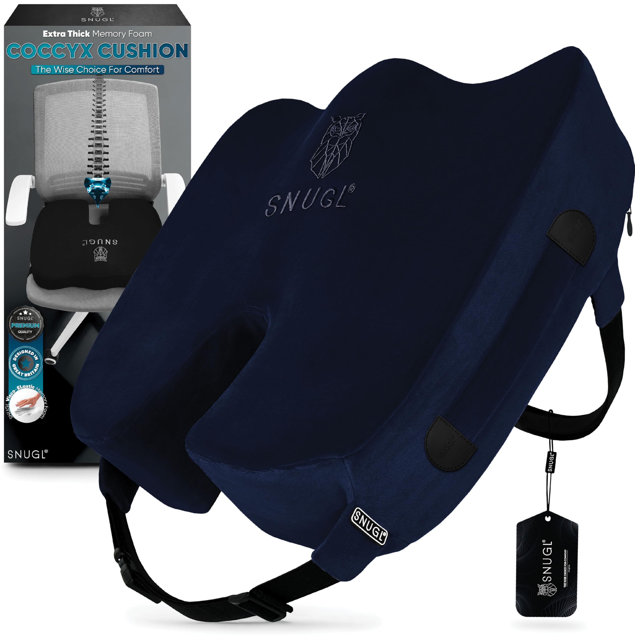 SNUGL Coccyx Seat Cushion – Orthopedic Memory Foam Pillow for Desk Chair, Gaming, Wheelchair, Car Seat, Postpartum & Pregnancy, Hemorrhoids Treatment, Ergonomic Office Chair Back Support