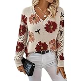 Women's Spring Boho Floral V Neck Knit Sweater Crochet Cutout Hollow Cable Long Sleeve Winter Pullover Jumper Top
