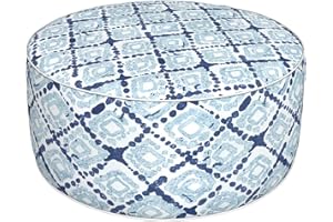 DYTXIII Inflatable Ottoman Stool D31 xH14 for Outdoor/Indoor Use, Water Repellent Patio Foot Rest with Portable Handle,Round Pouf Ottoman Suitable for Garden,Deck and Camping - Boho Geometry Blue