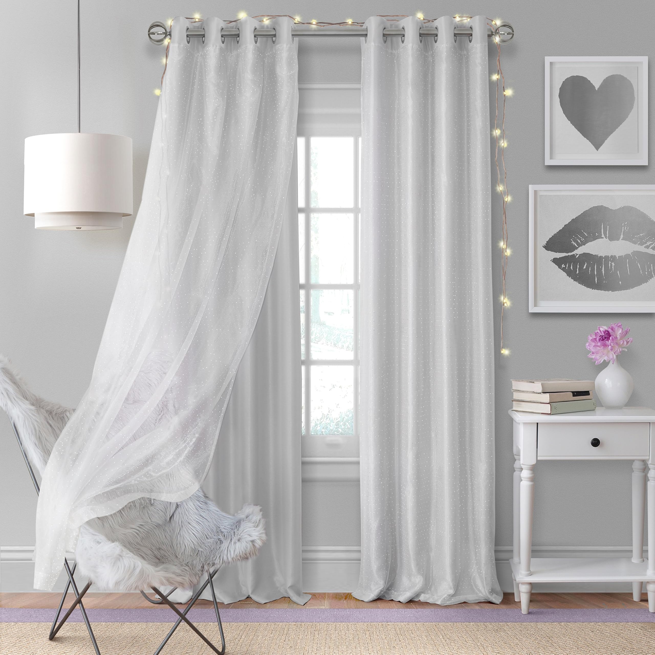 Elrene Home Fashions Aurora Kids’ Sheer Blackout Layered Curtain Panel, (Pearl Gray), (52X63), Polyester, 52" W x 63" L (Pack of 1)