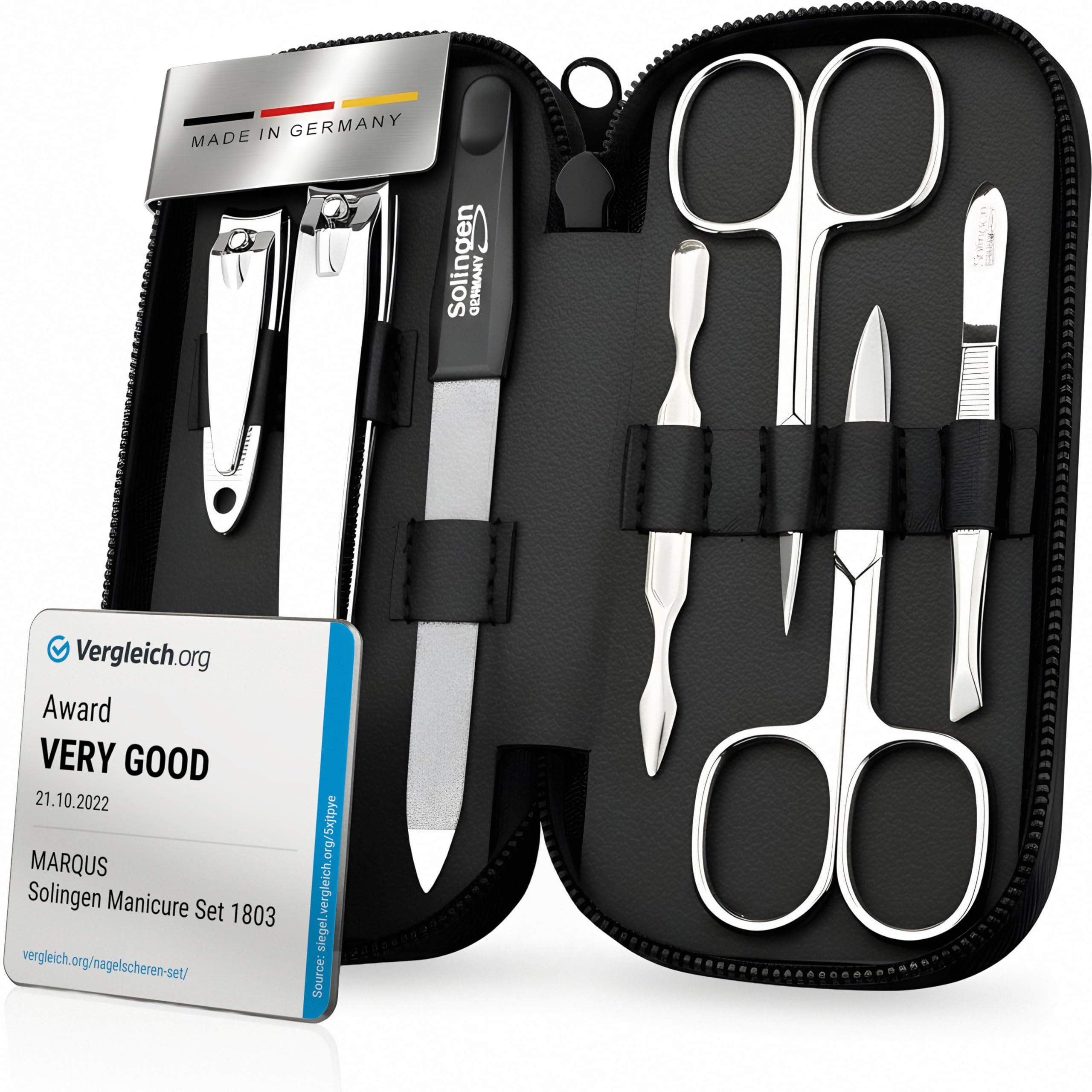 Solingen Manicure Set for Women & Men - Comparison Winner with Top Price/Performance Ratio - Handy and Soft Case - 7-Piece Grooming Kit, Black