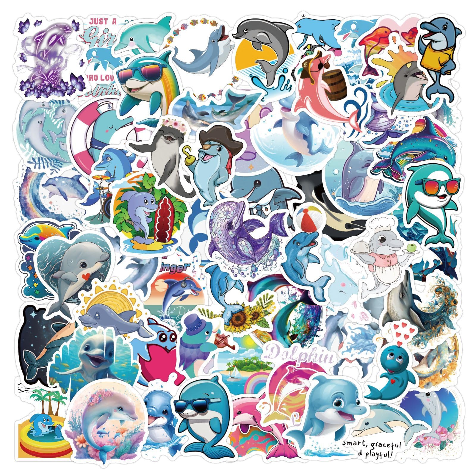 Dolphin Stickers for Laptop (50 PCS),Gift for Children Teens Adults Girl Boys,Waterproof Stickers for Water Bottle,Dolphin Vinyl Stickers for Scrapbook,Skateboard,Bike,Phone,Dairy