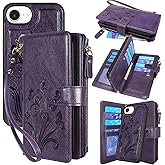Lacass Case Wallet Compatible with iPhone 16e, [12 Card Slots] ID Credit Cash Holder Zipper Pocket Detachable Leather Wallet Cover with Wrist Strap Lanyard（Floral Dark Purple）