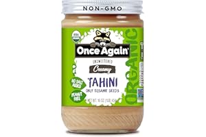 Once Again Organic Tahini, Single Ingredient - Vegan, Non-GMO, Kosher, Gluten Free - For Hummus Dips, Dressings, Spreads - Organic Tahini Paste from Pure Sesame Seeds (16 oz Glass Jar)