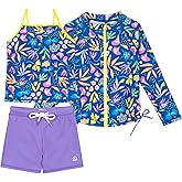 SwimZip Girls' 3 Pc Swim Set w/Long Sleeve Rash Guard, Tankini & Shorts UPF 50+
