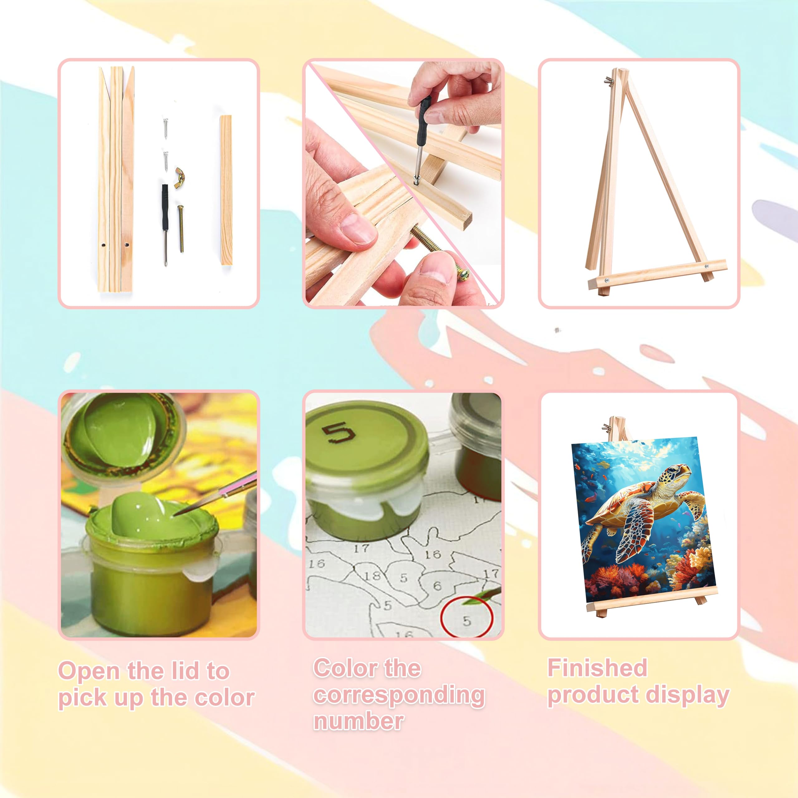 4 Pack Paint by Numbers for Adults with Framed Canvas - with Wooden Easel, Beach Paint by Number on Canvas, DIY Sea Turtle Acrylic Oil Painting Kits with Brushes for Home Wall Decor (8x12 inch)