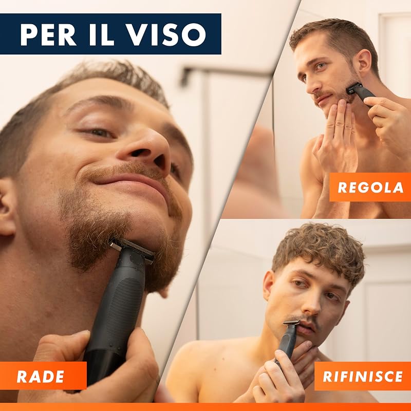 Fusion One Rasoio Elettrico Uomo Barba e Corpo, 3 Pettini Barba (1,2,5mm) e 1 Pettine Corpo, Testina Oscillante, Lama Ricambio, Impermeabile, Senza Fili, 45 Min Autonomia, Tecnologia Braun
