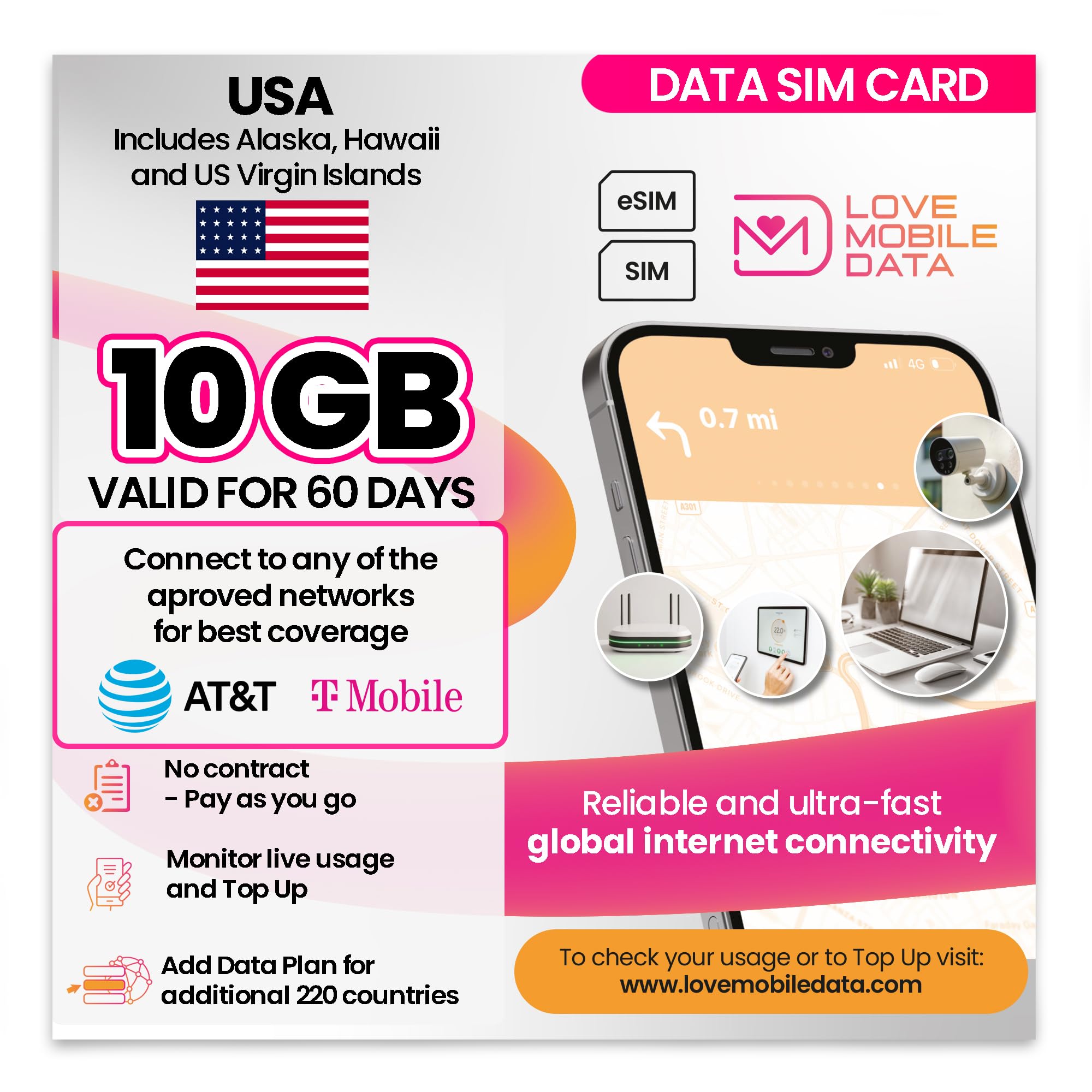 Love Mobile Data Only Sim Card - International Multi-Network 4G/5G Prepaid Pay As You Go Data Sim for Mobile Phones, WiFi Routers, & More, UK & USA (Alaska, Hawaii, US Virgin Islands) - 10GB 60 Days