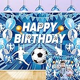 XCKALI Soccer Birthday Backdrop Blue Soccer Happy Birthday Photography Bckdground Sports Party Decorations Photo Booth Props 7x5FT