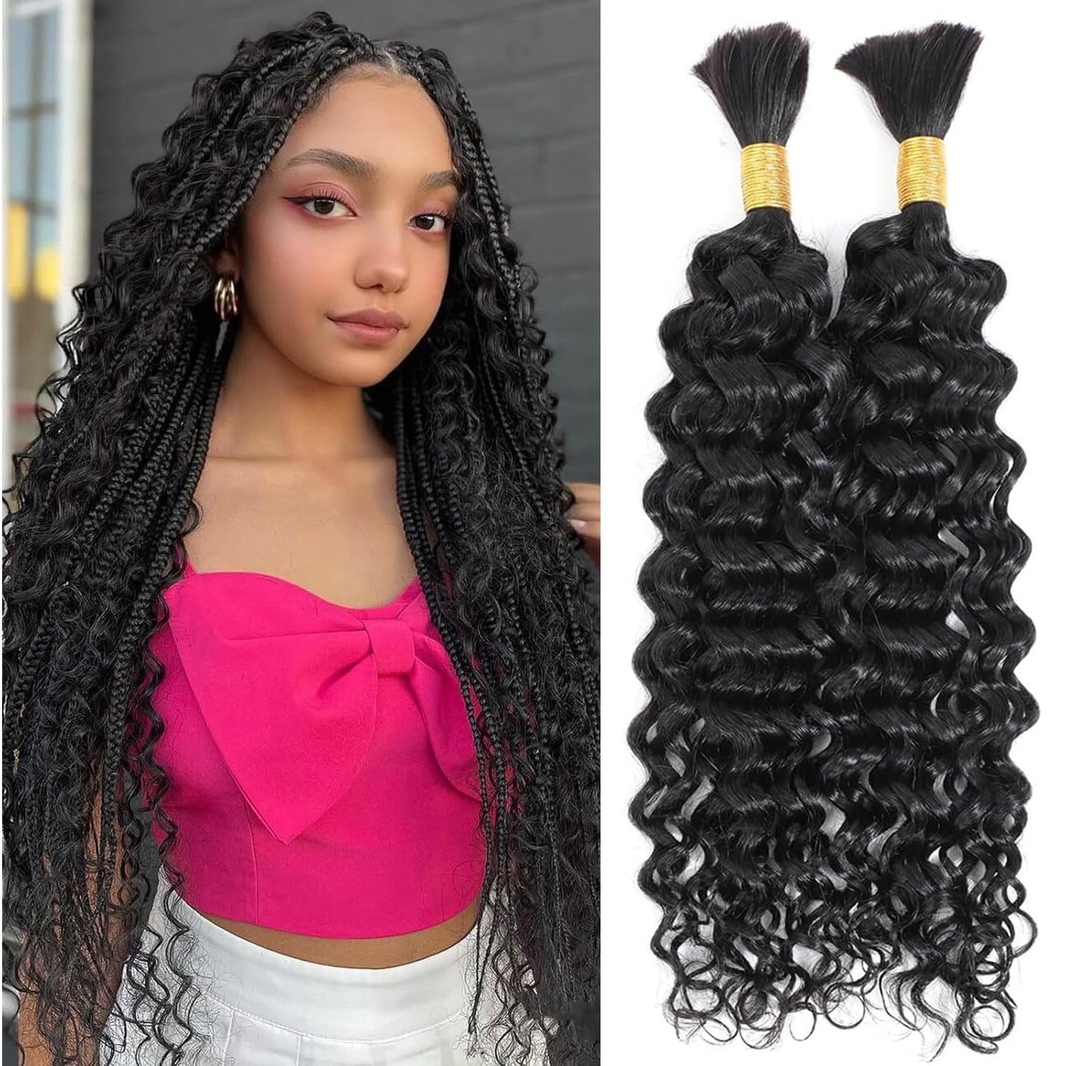 Human Braiding Hair 100g 24 Inch Water Wave Human Hair for Boho Braids Brazilian Virgin Curly Human Hair for Extensions Knotless Braids No Weft Boho Knotless Braids Bulk(Natural color) — image 1