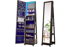 SKKTKT Full Length Mirror with Jewelry Storage, 360°Swivel Jewelry Cabinet Standing with Lights, Lockable Jewelry Armoire Organizer, Mirror Jewelry Cabinet for Christmas Gifts (Brown)