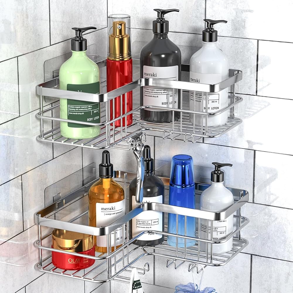 Yazoni Corner Shower Caddy No Drilling Adhesive Shelf 2 Pack Rustproof Stainless