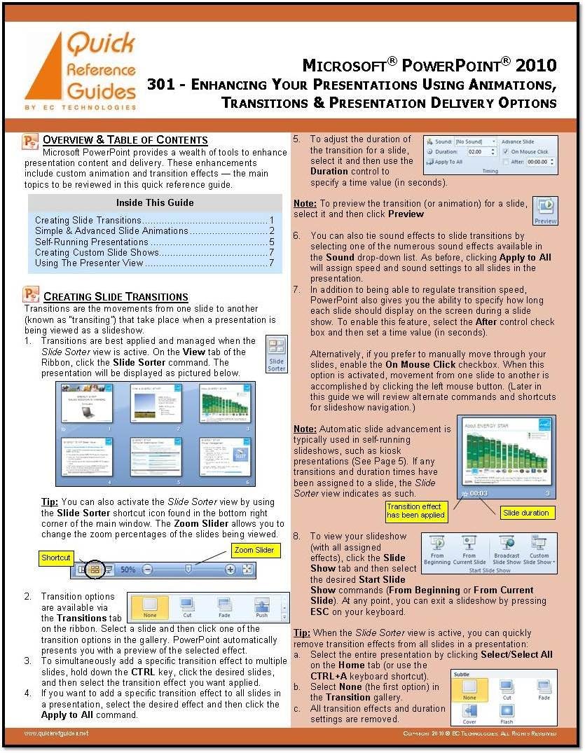 Microsoft POWERPOINT 2010 Quick Reference Guide: Enhancing Your Presentations Using Animations, Transitions & Presentation Delivery Options (301)