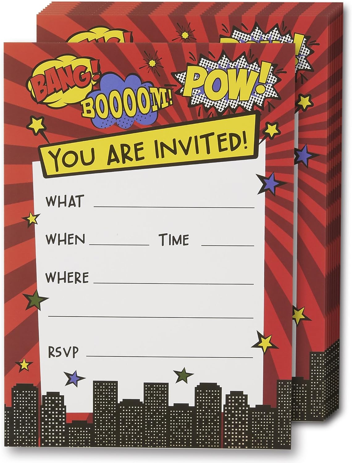 Superhero Invitation Cards - 24 Fill-in Invites with Envelopes for Kids Birthday Bash and Theme Party, 5 x 7 Inches, Postcard Style