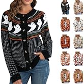 NUOLALDH Halloween Sweaters For Women,Halloween Sweater Women Pumpkin Ghost Cardigan Plus Size Fall Clothes 01 Black Medium