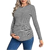 MakeMeChic Women's Maternity Striped Linen Tops Crew Neck Long Sleeve Fall Shirt Casual Pregnancy Tops