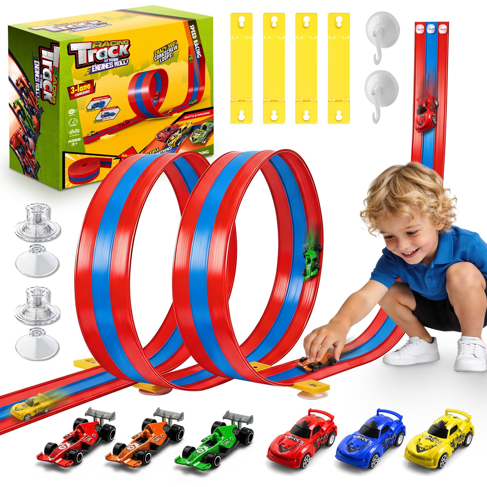 Aooess Toys for 3-8 Year Old Boys: Car Track Flexible Race Track Set for Kids Gifts for Boys Girls Age 3 4 5 6 7 8 Birthday Presents 3-Lane Track Car Toys with 6 Racing Cars Suction Cups