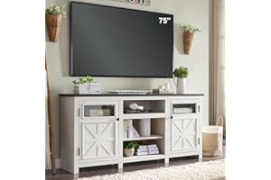JXQTLINGMU Farmhouse TV Stand for 75 Inch TV, Entertainment Center with Storage, Modern TV Cabinet with Barn Doors, 66" Rustic TV Console for Living Room, Adjustable Shelf - Off White