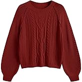 ZAFUL Women's Cable Knit Sweaters 2025 Crewneck Long Lantern Sleeve Pullover Ribbed Knitted Tops